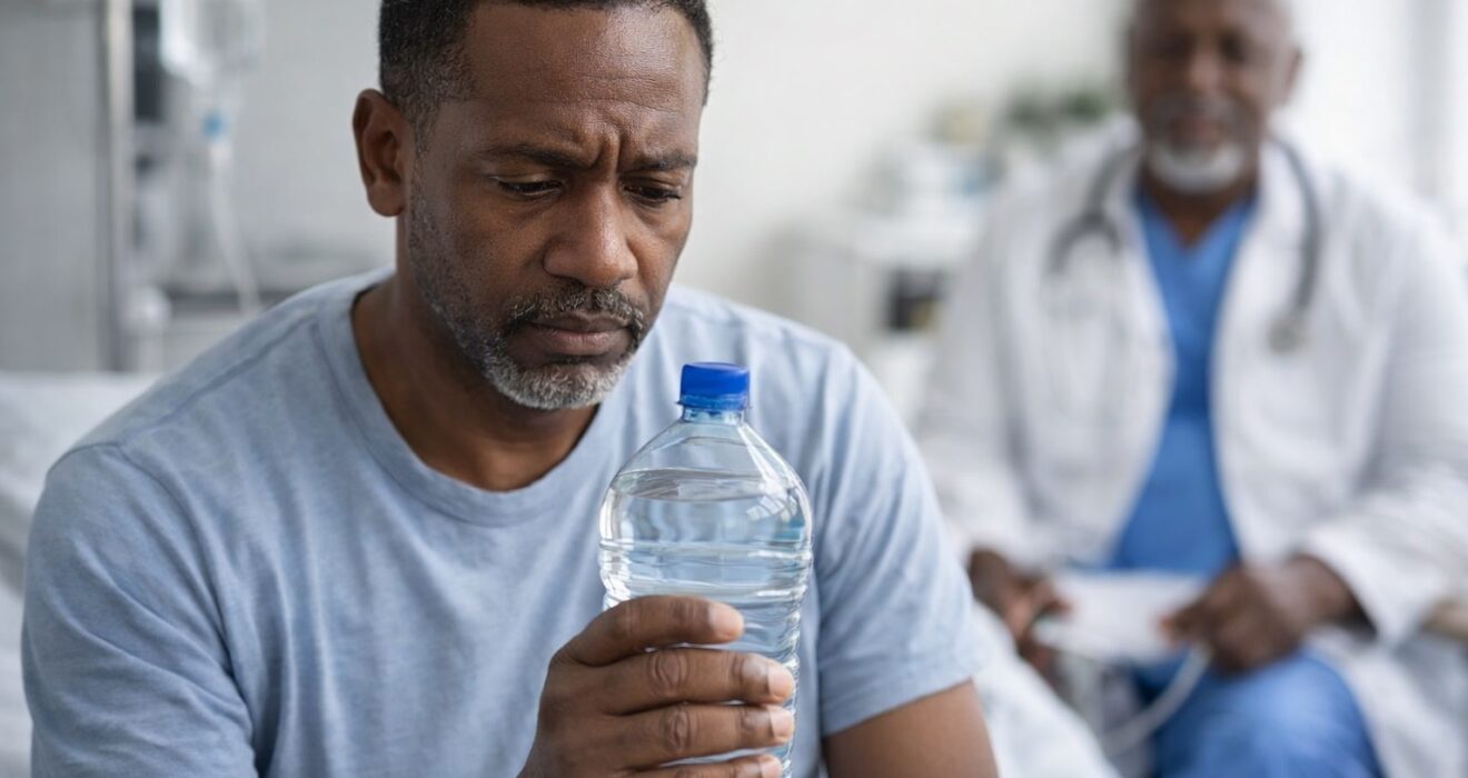 Homme africain préoccupé tenant une bouteille d’eau lors d’une consultation médicale, illustration d’un excès hydrique aux conséquences méconnues