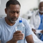 Homme africain préoccupé tenant une bouteille d’eau lors d’une consultation médicale, illustration une histoire vraie, d’excès hydrique aux conséquences méconnues
