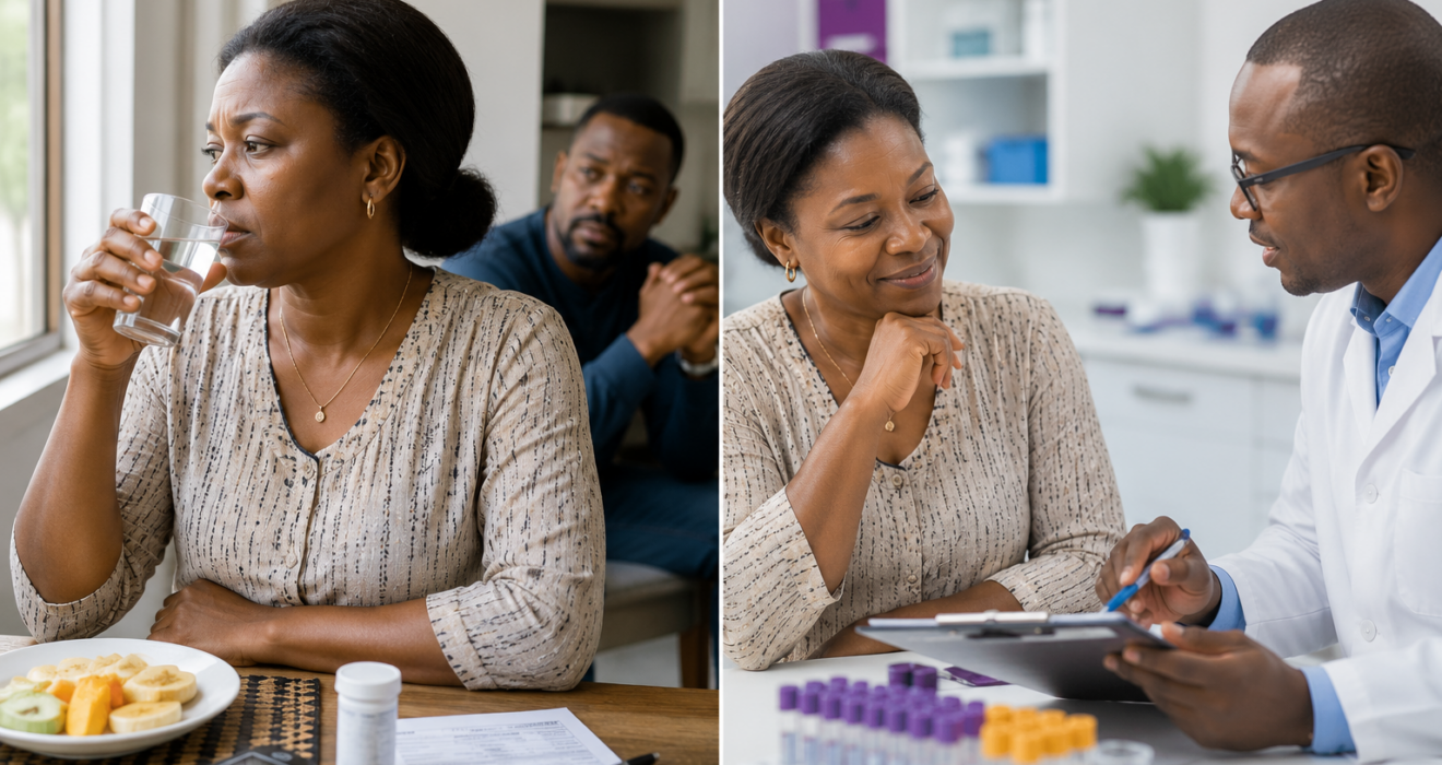 Une femme effectue un bilan sanguin après des signes évocateurs du diabète et échange avec un biologiste médical pour un diagnostic précoce au laboratoire BioPharmed Diagnostic.