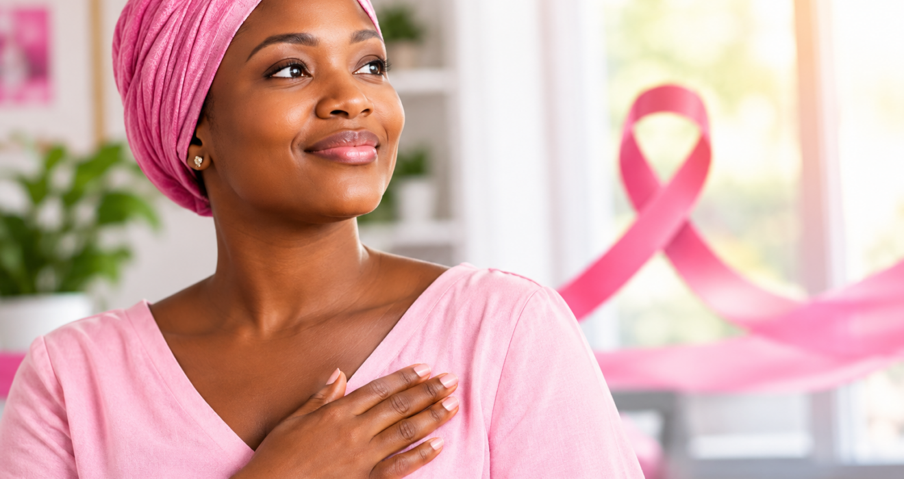 Femme africaine vêtue de rose avec un ruban rose symbolisant la sensibilisation au cancer du sein.