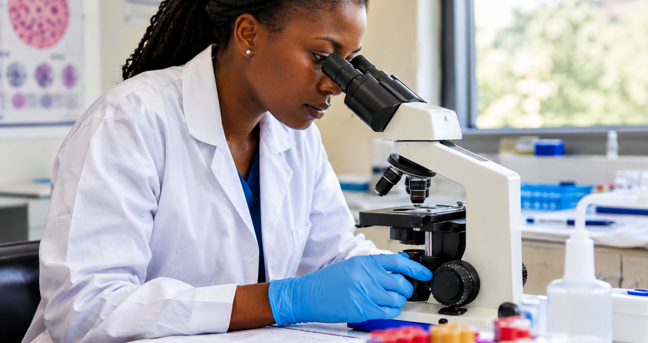 Professionnelle de laboratoire africaine examinant un échantillon au microscope pour contribuer au diagnostic biologique du paludisme.