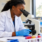 Professionnelle de laboratoire africaine examinant un échantillon au microscope pour contribuer au diagnostic biologique du paludisme.